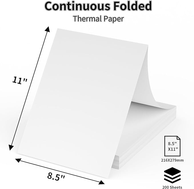 Continuous Thermal Printer Paper 8.5" x 11" US Letter Size - High-Efficiency Durable Printing for Home Work, Printing Contract, Compatible with Most Thermal Printers (200 Sheets/Continuous Folding)