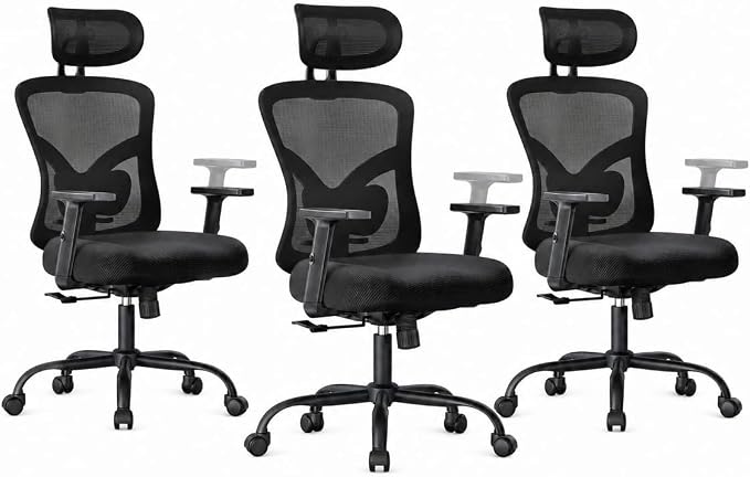 Marsail Ergonomic Office Chair Ergonomic Gaming Chair with Lumbar Support, 2D Headrest, Adjustable Armrests, Contoured Seat Cushion, Computer Desk Chair with Wheels for Home and Office, Pack of 3