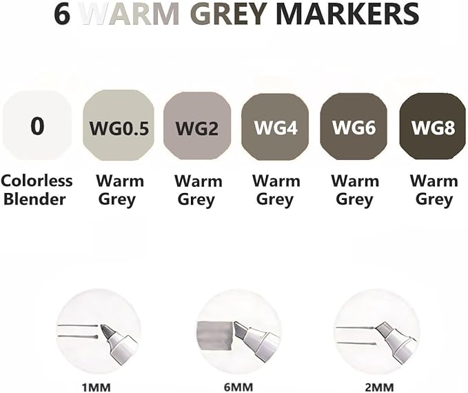 Arhomet 6 Colors Warm Grey Gray Alcohol Markers Set, Dual Tips Art Markers Drawing Sketched Double Tipped for Adults Beginner (Warm Grey)