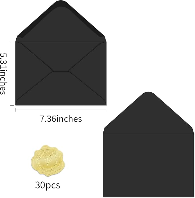 A7 Envelopes 30 Pack Black 5x7 V Flap Thick Invitation Envelopes | 150gsm,for 5x7 photos,cards,wedding,birthday,graduation,party,announcements,baby shower,holiday mails,with Stickers