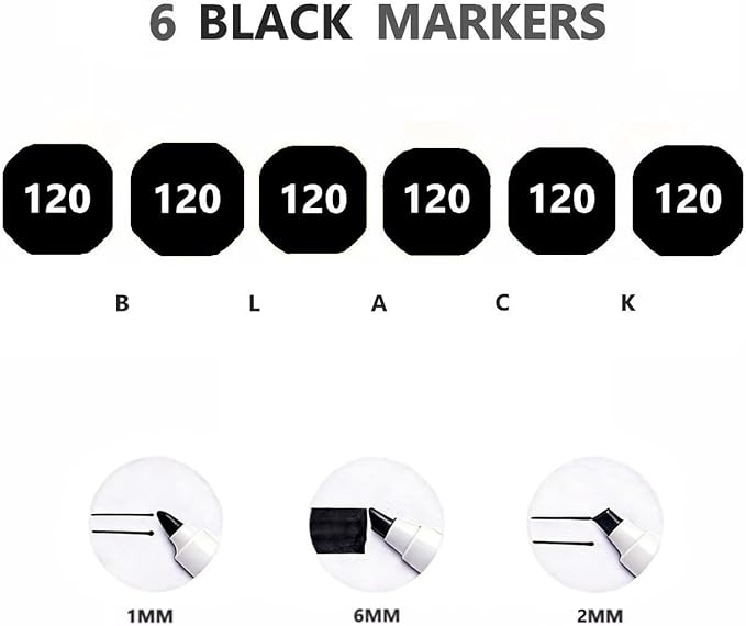 Arhomet 6pcs Black Alcohol Markers Set, Dual Tips Art Markers Drawing Sketched Double Tipped for Beginner Adults Artists (Black)