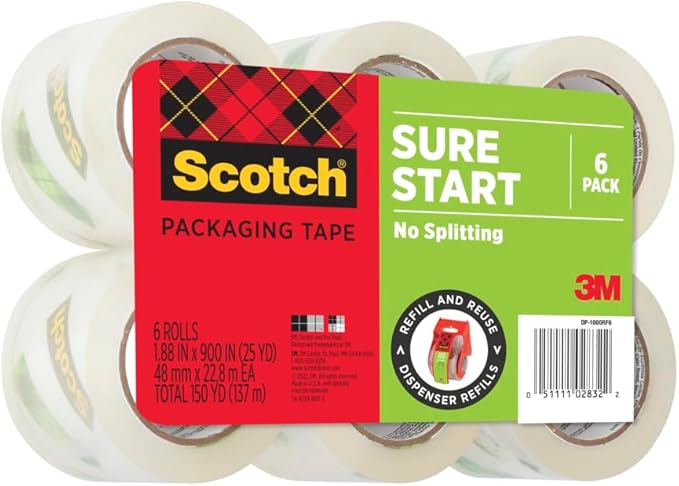 Scotch Sure Start Packing Tape Clear | Quiet Unwind | Easy Start Technology | 1.88 in x 25 yd | 6 Rolls, Pack of 6