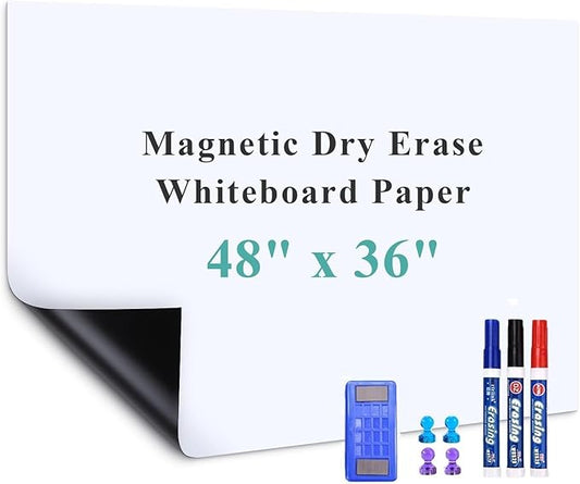 Large Self-Adhesive Whiteboard Sticker: 48" x 36" Magnet Receptive Dry Erase Wall Film | No Ghosting Conference Room & Classroom Board | Peel & Stick Resurfacing Sheet