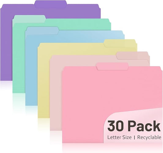 Comix Plastic File Folders, 6 Pastel Colors, Letter Size 8.5x11, 30 Pack | 1/3-Cut Tabs, Poly Folders, For Documents, Office, Home, School Organization