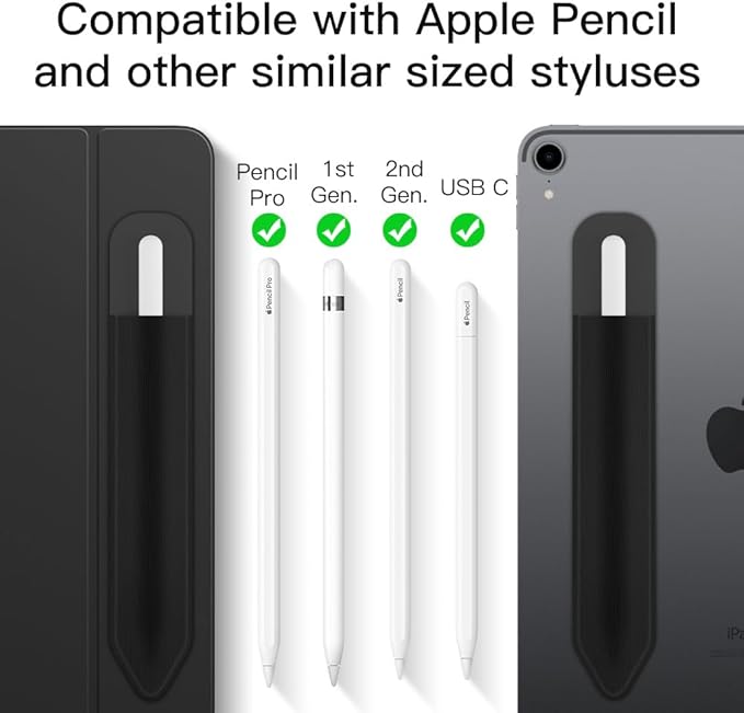 MoKo Adhesive Pencil Case Holder Sticker for Apple Pencil, Black | Elastic Pencil Pocket Pouch, Adhesive Sleeve, Attached to iPad Case, For Pro/USB-C/1st/2nd Gen and Similarly Stylus Pens