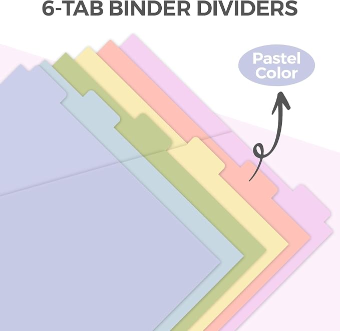 SKYDUE 6 Tab Dividers with Two Pockets, Plastic Binder Dividers | Dividers for 3 Ring Binders,Extend Beyond Sheet Protectors, Binder Organizer for School Office and Home Organization