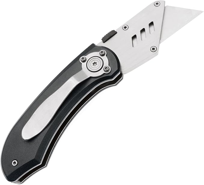 Utility Knife Folding Safety Lock Quick Change with 10 Extra SK5 Replacement Blade Lightweight Aluminum Handle & Pocket Clip Multi-Use Box Cutter Office Home Art Diy Great Gift Choice (New.Black)