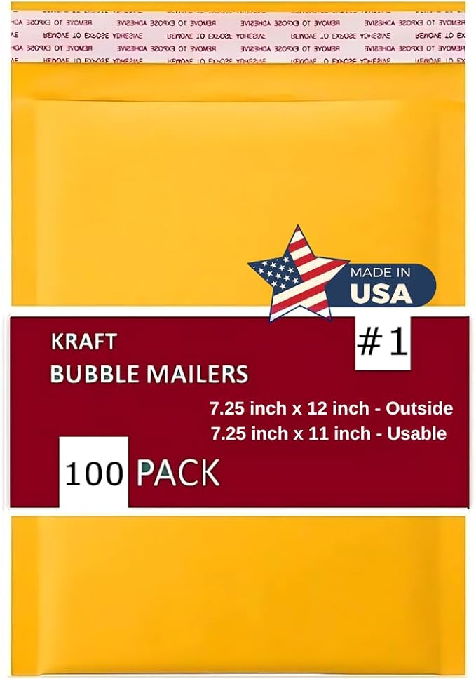 100 PC #1 7.25x12 Inches 100 Pack Inches Kraft Bubble Mailers Yellow Shipping Padded Envelopes Self Seal Waterproof Cushion Envelopes