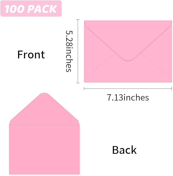 A7 Envelopes 100 Pack Pink Envelopes 5x7 V-shaped Flap, Suitable for 5x7 Photos, Cards, Weddings, Invitations, Announcements, Baby Gifts 5.25 "x 7.25" (Pink)