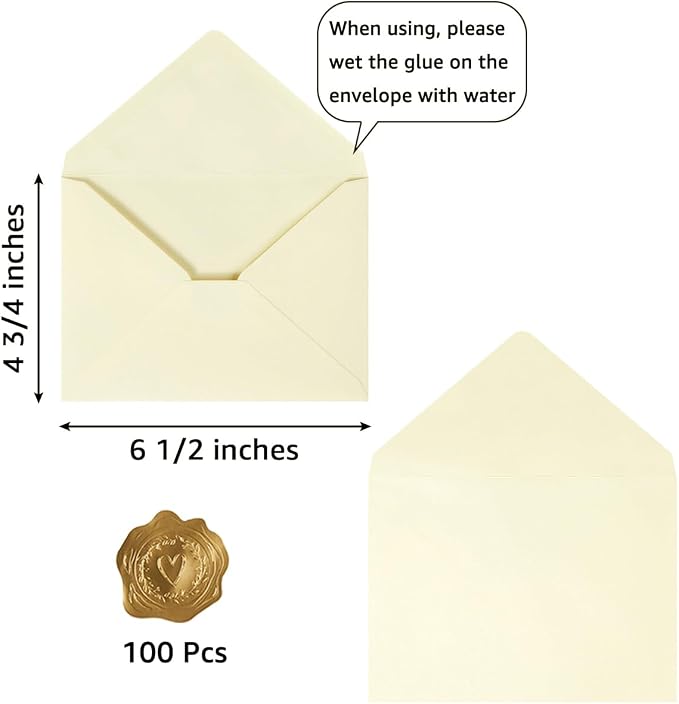 100 Pieces A6 Envelopes 4x6 Cream Color, 6 1/2 x 4 3/4 Inches | 4x6 Envelopes with Gold Stickers For Greeting Cards, Birthday, Weddings, Baby Shower Invitations