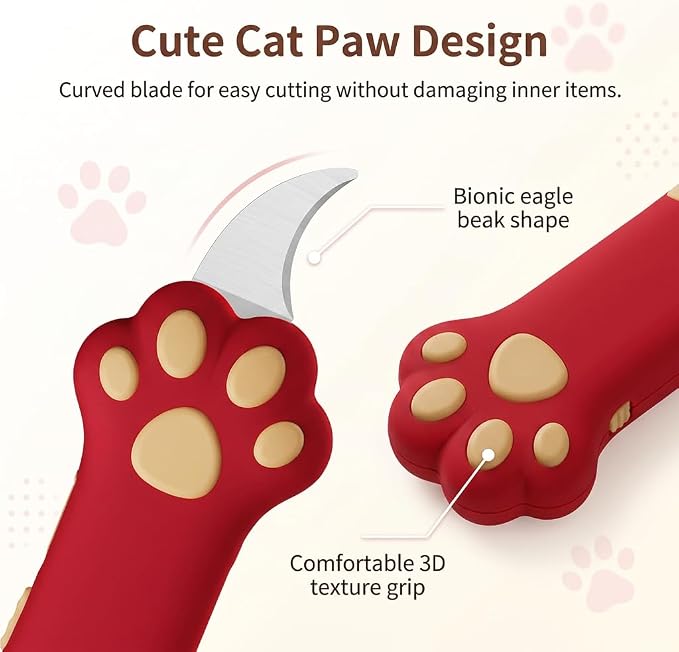 Cat Paw Box Cutter, Retractable Mini Utility Knife with Safety Lock Red | Mini Utility Knife with Ergonomic Paw Handle, Stainless Steel Blade for Opening Packages, Cardboard, Cartons & Tape