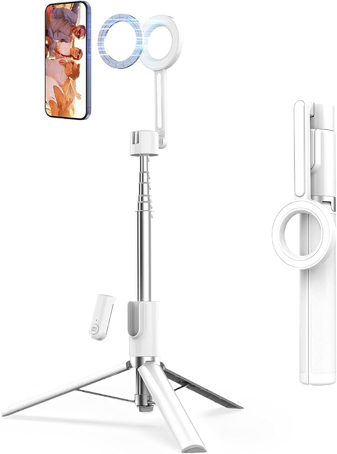 Magnetic Phone Tripod for iPhone 54" Selfie Stick | Tripod Stand with Remote and Metal Ring for Cell Phone Video Recording/Photography/Vlogging (White)