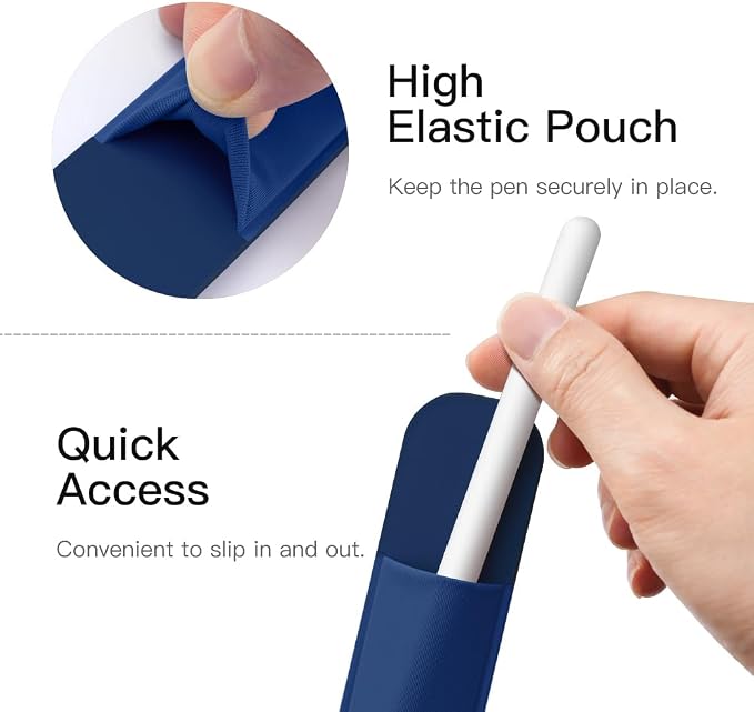 MoKo Adhesive Pencil Case Holder Sticker for Apple Pencil, Navy Blue | Elastic Pencil Pocket Pouch, Adhesive Sleeve, Attached to iPad Case, For Pro/USB-C/1st/2nd Gen and Similarly Stylus Pens