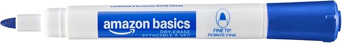 Amazon Basics Low-Odor Dry Erase Whiteboard Markers, Fine Tip, Quick-Dry, Blue, 36-Pack