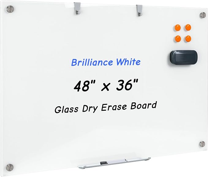 Wingwise Magnetic Glass Dry Erase Board, 48 x 36 in Brilliance White Board | Ultra-white 4mm tempered glass, scratch-resistant. Wall-mounted with hardware. Great for corporate offices, classrooms, home