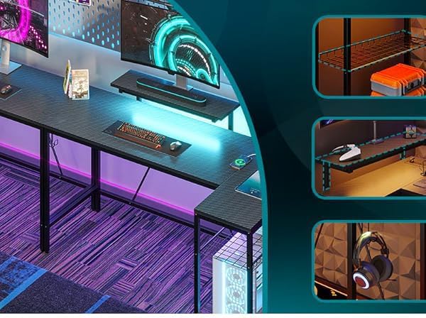 Bestier 58-Inch L-Shaped Gaming Desk with Charging & LED, Black | Charging 3AC+2USB, RGB LED Strip, Reversible Shelves, Monitor Stand, Headphone Hook, Metal Mesh Shelf, 58 in