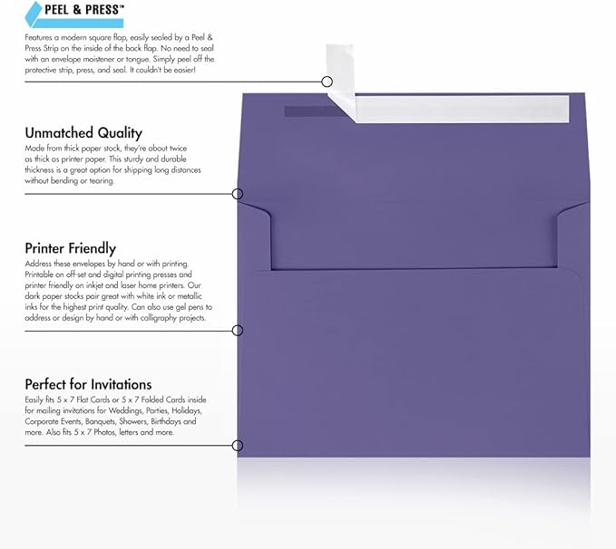 LUXPaper A7 Invitation Envelopes | Peel & Press | 5 1/4" x 7 1/4" | Wisteria Purple | 80lb. Text | 250 Qty