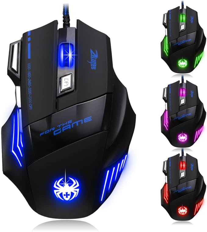 zelotes Wired Gaming Mouse with Fire Button,7200 DPI,7 Buttons,Ergonomic Design,LED Illumination,Corded Optical Mouse Mice for Laptop,PC,Mac,Black