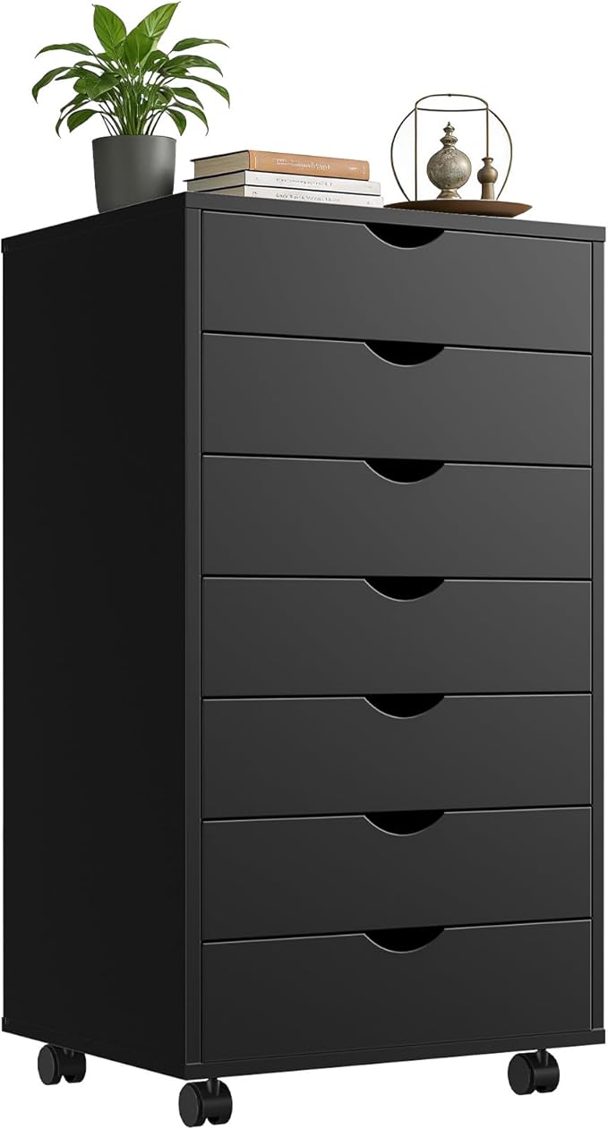 7 Drawer Mobile File Cabinet, Printer Stand with Wheels | Wood Under Desk Storage Cabinet, Rolling Printer Cart, Vertical Filing Chest for Small Space, Home Office, Living Room, Black