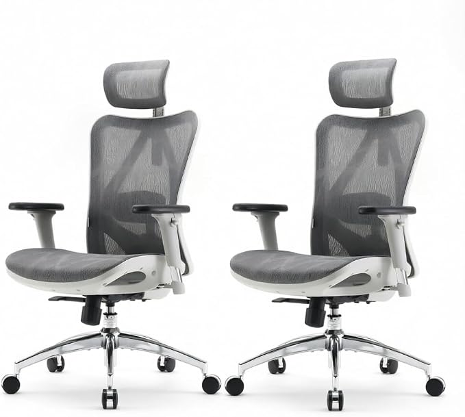SIHOO M57 Ergonomic Mesh Office Chair, High Back Home Desk Chair with 3D Armrests, Lumbar Support and Adjustable Headrest, Comfortable Computer Chair, Hold 330 LBS-2 Packs-Light Grey