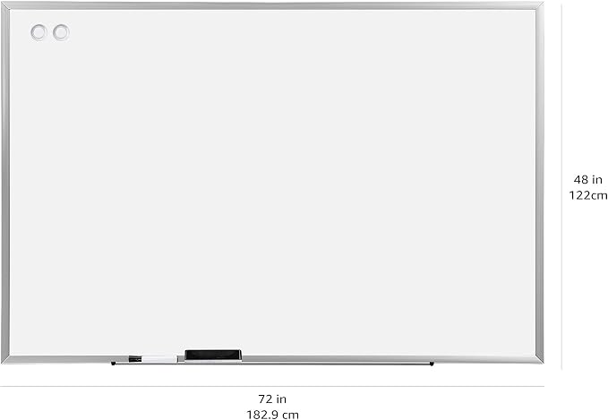 Amazon Basics Large Magnetic Dry Erase Whiteboard, 48" x 72", Aluminum Frame, Silver/White, with Pen Tray for School, Classroom, Office & Home