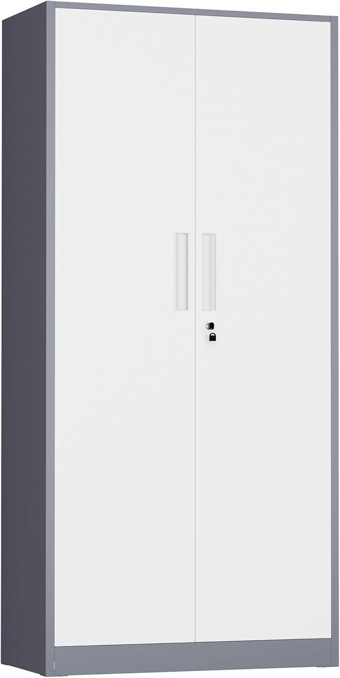 Metal Storage Cabinet, 72" H Lockable Steel Cabinets with Locking Doors, Storage Locker with Adjustable Shelves for Office, Home, Garage, Gym, School (White Grey)
