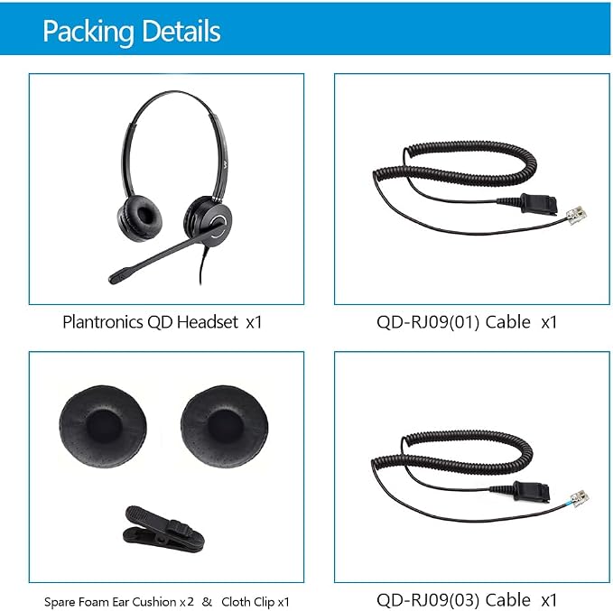 VT Telephone-Headset Microphone Noise-Cancelling Headphone QD - Quick Disconnect Call Center Headset with RJ09 Cables Compatible with Polycom,Yealink,Grandstream,Snom,Fanvil,Mitel Phones (Binaural)