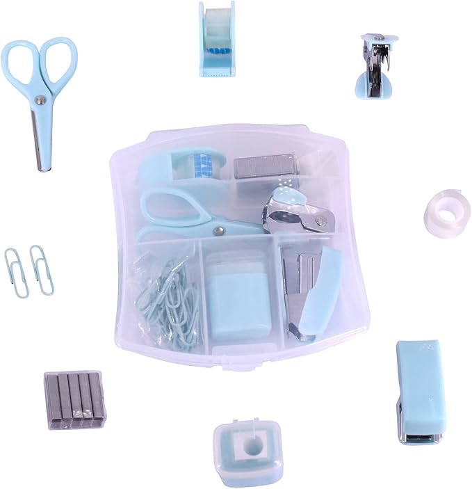 Mini Office Supply Kits Small Stapler for Student Office (Blue) | Includes Mini Stapler,Scissors, Staple Remover, Staples, Tape Dispenser for Gift (Blue)