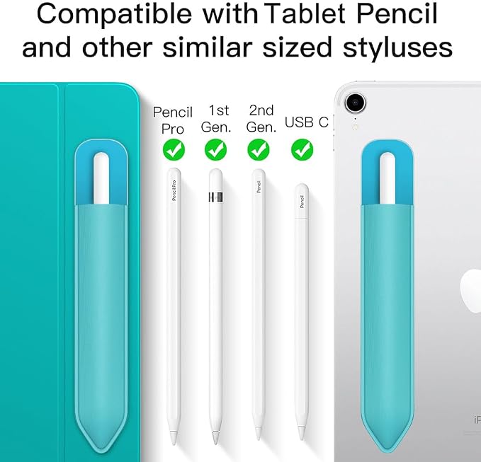 MoKo Adhesive Pencil Case Holder Sticker for Apple Pencil, Cyan Blue | Elastic Pencil Pocket Pouch, Adhesive Sleeve, Attached to iPad Case, For Pro/USB-C/1st/2nd Gen and Similarly Stylus Pens