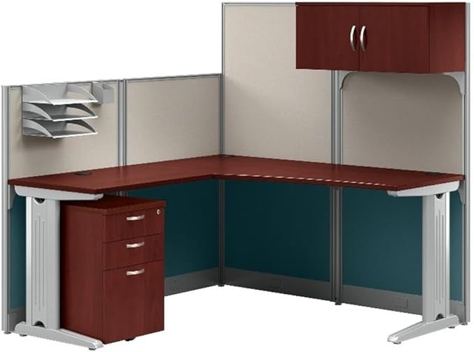 Bush Business Furniture Office in an Hour 65W L Shaped Cubicle Desk with Storage, Drawers, and Organizers in Hansen Cherry | Modern Computer Table Set with Privacy Panels for Commercial Workspace