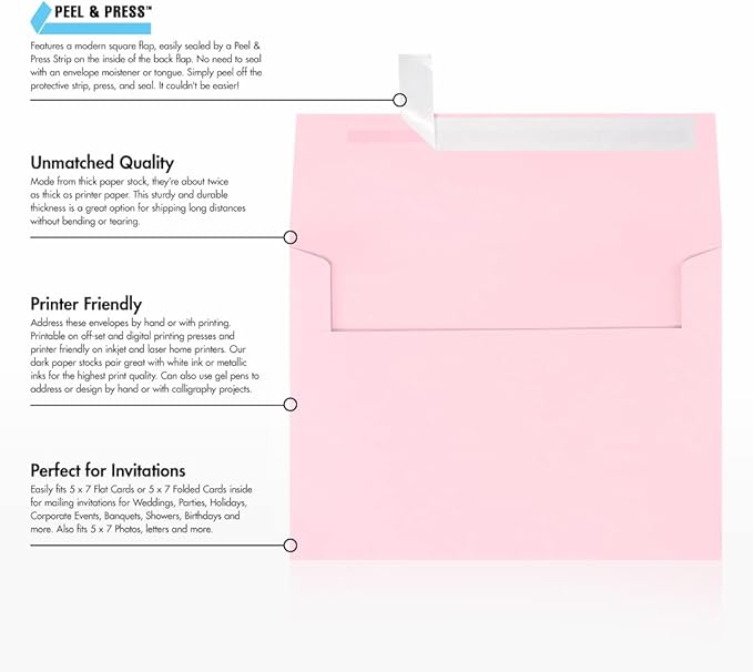 LUXPaper A7 Invitation Envelopes | Peel & Press | 5 1/4" x 7 1/4" | Candy Pink | 80lb. Text | 250 Qty