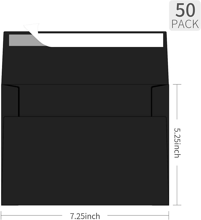 5x7 Envelopes For Invitation(50, Black, A7) | A7 Envelope black,50 pack 5x7 card Envelopes Self Seal,for weddings, greeting cards,baby shower,photos,birthday