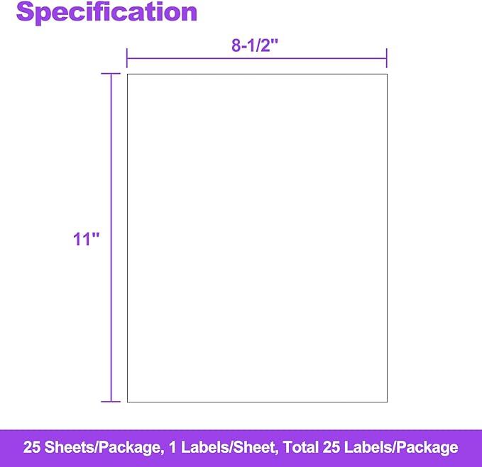 25 Full Sheet Labels 8.5 x 11 Inch Adhesive Paper for Laser Inkjet Printers Self Adhesive Printable White Sticker Sheets for Shipping Address Packaging & Crafts