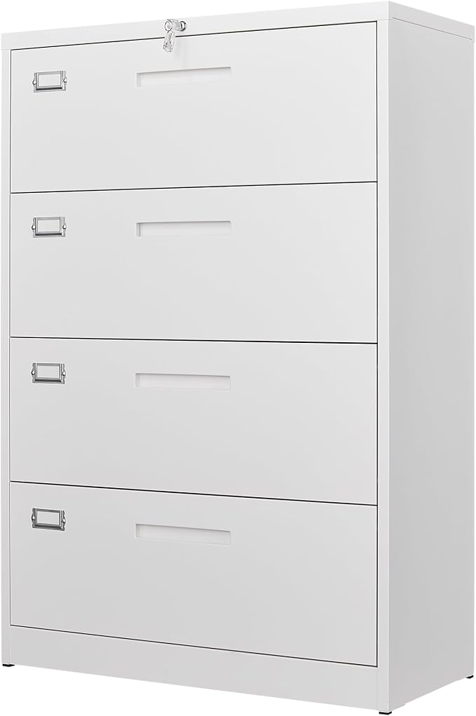 4 Drawer File Cabinet with Lock, Metal Lateral Filing Cabinet Wide Office Organization Storage for Home Office Hanging Letter/Legal/F4/A4 (White-Requires Installation)