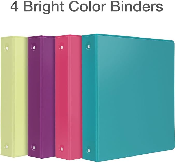 Cardinal 3 Ring Binders, Binders for School and Office, Durable 1.5 Inch, Round Rings, Holds 350 Sheets, ClearVue Presentation View, Non-Stick, Assorted Bright Colors, 4 Pack (79553)