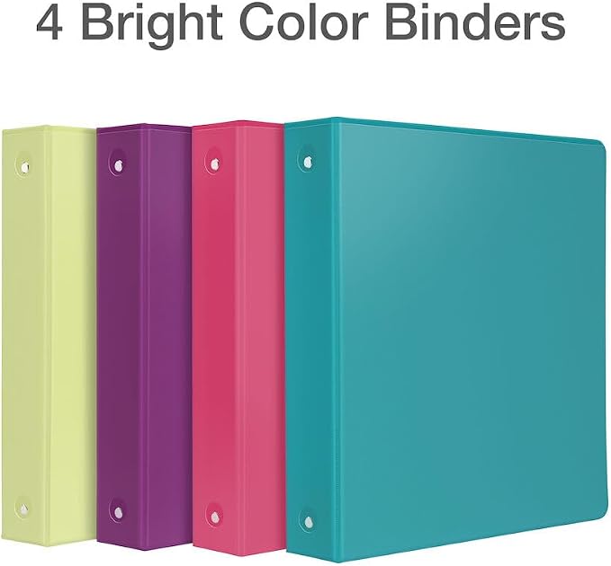 Cardinal 3 Ring Binders, Binders for School and Office, Durable 1.5 Inch, Round Rings, Holds 350 Sheets, ClearVue Presentation View, Non-Stick, Assorted Bright Colors, 4 Pack (79553)