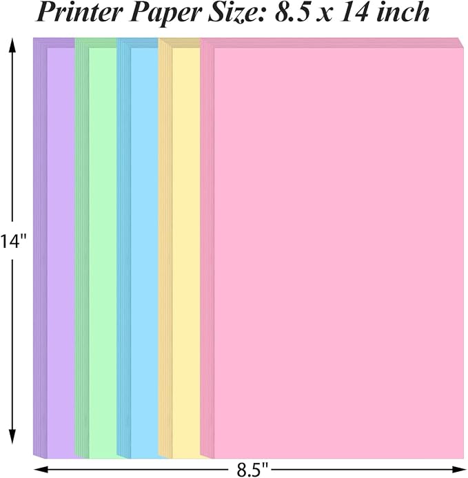 8.5" x 14" Colored Copy & Print Paper - 50 Sheets/100 Pages 5 Colors Rainbow Printer Paper, 20 lb Legal Size Colored Origami Paper in Office/School/Home