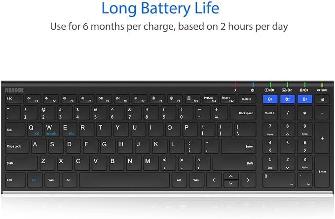 Arteck HB193 Universal Bluetooth Keyboard Multi-Device Stainless Steel Full Size Wireless Keyboard for Windows, iOS, Android, Computer Desktop Laptop Surface Tablet Smartphone Rechargeable Battery