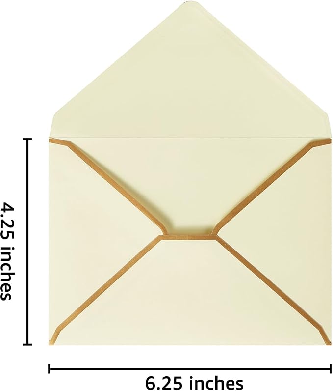 50 Pack A4 Envelopes Cream Color 4x6 with Gold Border, 4.25x6.25 | Self-Adhesive, V Flap, For Wedding, Graduation, Baby Shower, Parties, Invitations