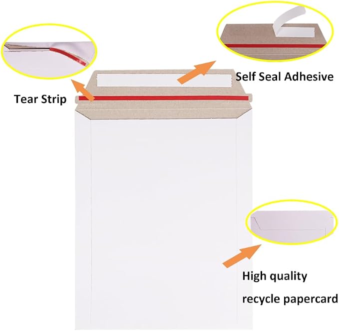 zmybcpack 100 Pack 7x9 inch Rigid Mailer Self Seal Photo Document Mailers, Stay Flat White Cardboard Shipping Envelopes White Photography Mailers for CD, Photos, Document