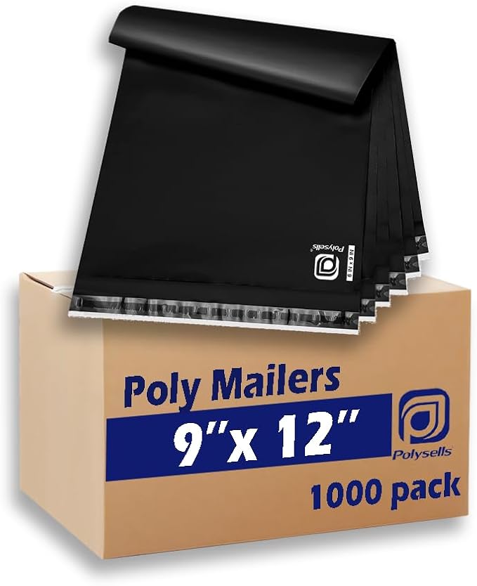 POLYSELLS 1000 pcs 9x12 Inches Black Poly Mailers Shipping Envelopes, Strong Adhesive Sealing, Waterproof, and Tear-resistant Postal Mailing Bags for Clothing and Accessories