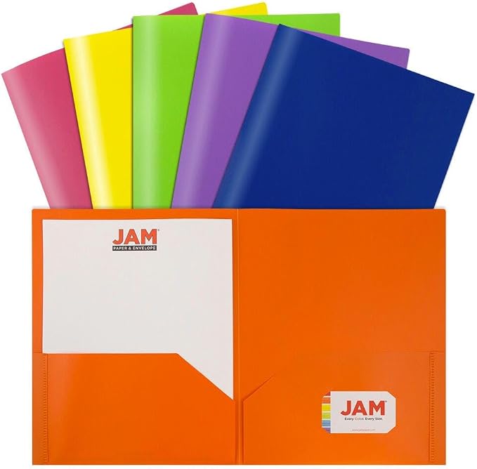 JAM PAPER Plastic 2 Pocket POP Folders - Durable School Folders - Assorted Primary Colors - Bulk 144 Folders/Box (24 Assorted Packs of 6)