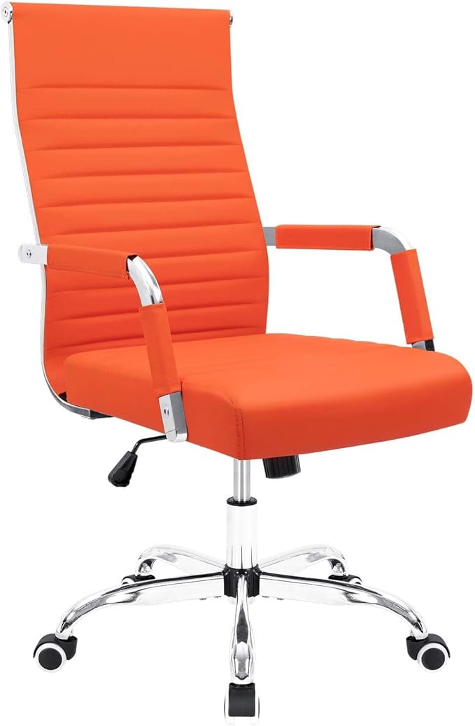 Furmax Ergonomic Office Desk Chair, Executive Ribbed Mid-Back PU Leather Conference Room Chair Adjustable Swivel Chair with Arms (1, Orange)