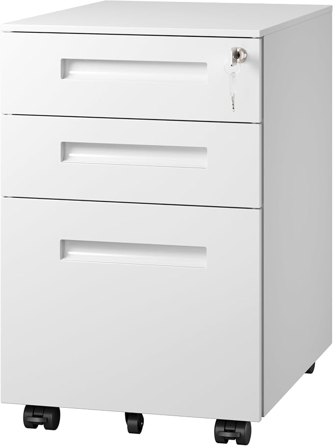 DEVAISE 3 Drawer File Cabinet with Lock, Fully Assembled Except Casters | Under Desk Metal Filing Cabinet with Wheels for Home Office, Printer Stand fits Letter/Legal/A4 Size, White