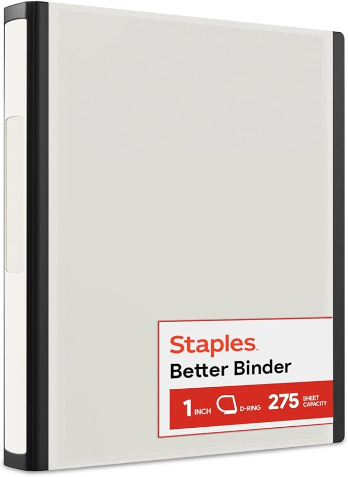 Staples Heavy-Duty 1-Inch D-Ring Binder, White – Large View 3-Ring Binder, Holds Up to 275 Sheets for School & Office