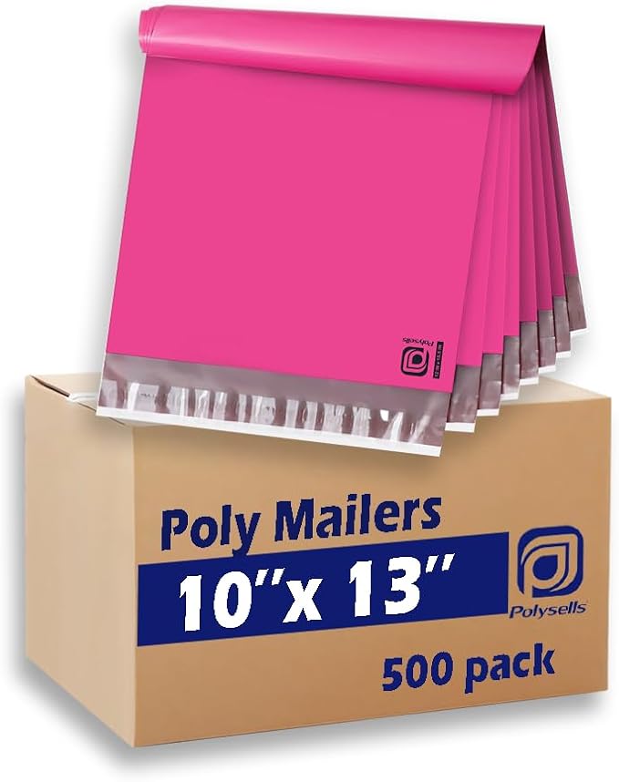 POLYSELLS 500 pcs 10x13 Inches Pink Poly Mailers Shipping Envelopes, Strong Adhesive Sealing, Waterproof, and Tear-resistant Postal Mailing Bags for Clothing and Accessories
