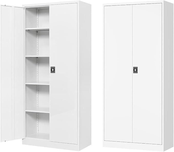 Fesbos Metal Storage Cabinet-72” Tall Steel File Cabinets with Lockable Doors and Adjustable Shelves-White Steel Storage Cabinet for Kitchen, Office, Garage