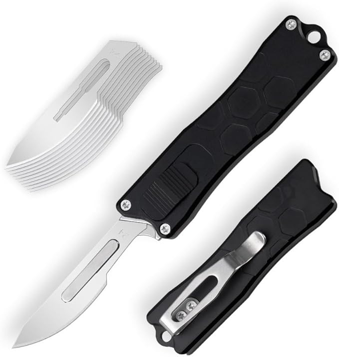 XXOK Utility knife with clip retractable box cutter EDC knife with 10 razors small folding utility knives with sharp carbon steel replacement blade # 24 Black
