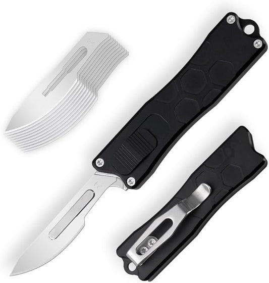 XXOK Utility knife with clip retractable box cutter EDC knife with 10 razors small folding utility knives with sharp carbon steel replacement blade # 24 Black