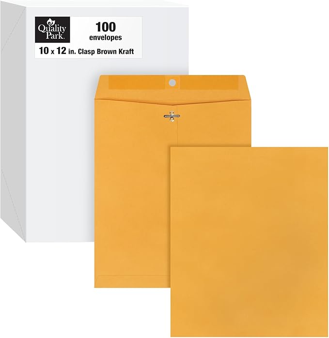 Quality Park 10 x 12 Clasp Envelopes, 100 Pack, Document Envelopes with Gummed Flap, Heavyweight 28 lb Paper with Reinforced Holes and Double Prong Clasp, for Mailing and Storage, Brown Kraft